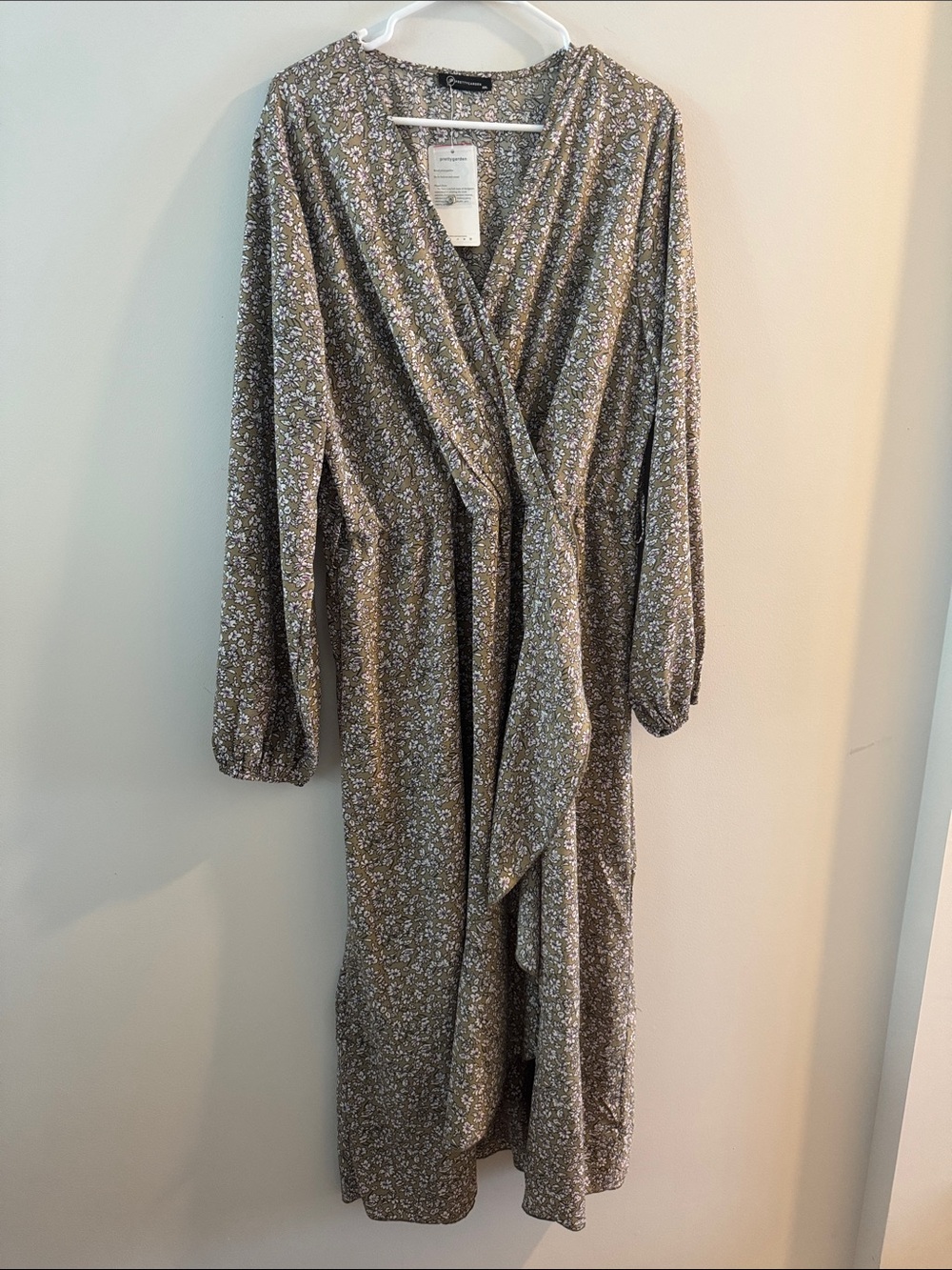 Long Sleeve Olive Floral Midi Wrap Dress with Tie Waist